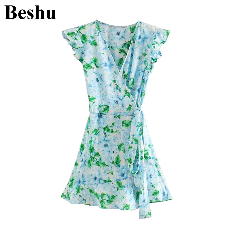 

za 2020 fashion playsuits women cross V-neck blue print bow lace-up wrap playsuit female ruffles hem high waist sleeveless mujer