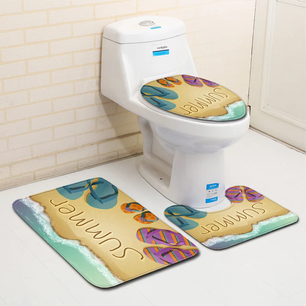 

Bathroom 3pcs Set Anti-Slip Mat Toilet Seat Cover 3D Beach Pattern Rug Home Absorbent Carpet Flannel Decoration Washroom Doormat