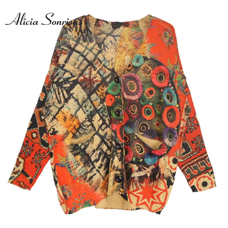 

2021 Autumn Winter Street Fashion Vintage Floral Loose V-neck Pocket Design Hemp Cotton Printed Knitted Cardigan Long Sleeve Top