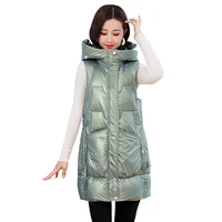 long sleeveless jackets womens hooded warm ladies casual winter vests zipper pockets thick glossy fashion waistcoat for female