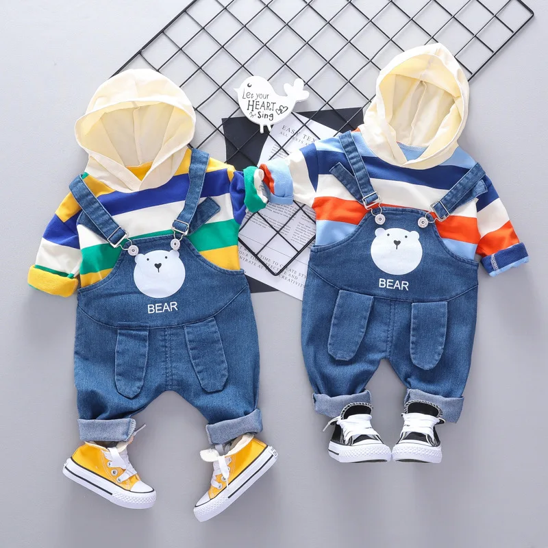 

Infant Baby Clothing 2021 Autumn New Cute Bear Casual Boys Long-sleeve Striped Hooded Sweater + Denim Strap Trousers 2 Piece Set