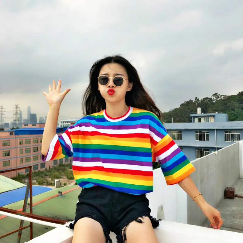 Новинка, женская футболка, радужные полосатые топы, Harajuku, футболка,, летняя, короткий рукав, Корейская, панк, футболка, Camiseta Feminina