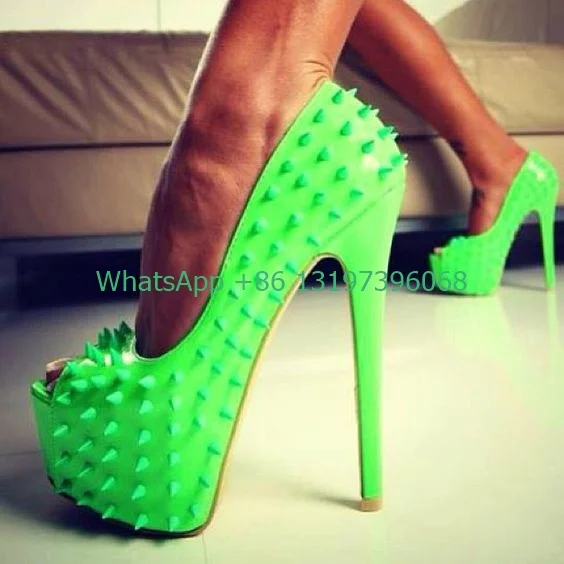

Ladies peep toe lemon bright green sandals platform high heels stiletto heel cool punk style rivet shoes footwear large size 43