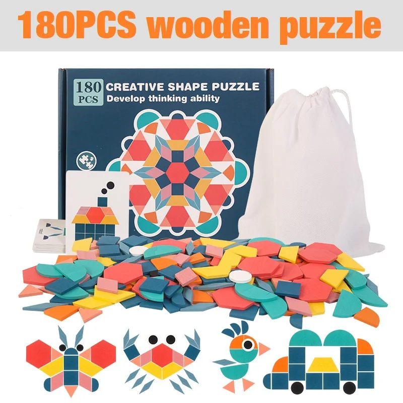 

180pcs Wooden Jigsaw Puzzle Childrens Montessori Educational Learning Toys Geometric Shape Puzzle Toys Educational Training Toy