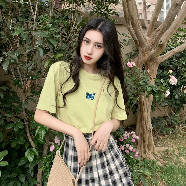 Женская хлопковая Футболка с вышивкой бабочки повседневная черная футболка