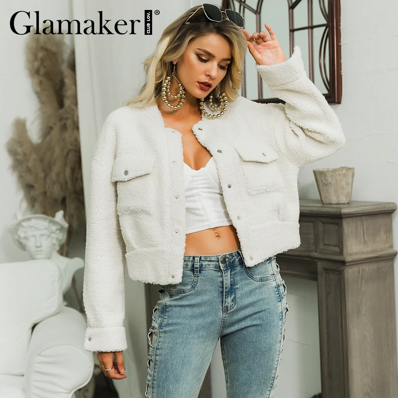 Glamaker, белое тонкое пальто из искусственного меха, короткая верхняя одежда для женщин, зима, сексуальное меховое пальто с карманами, Женская куртка клуба, пальто, уличная одежда, осень