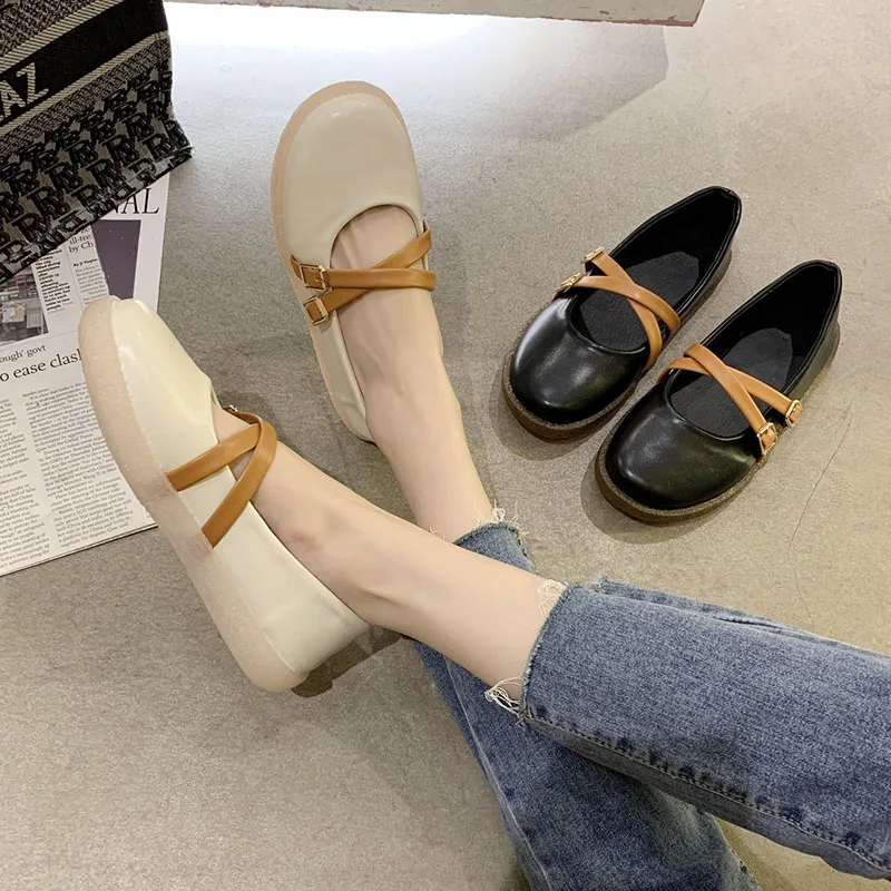 

Fashion Cross Buckle Ballet Flats Women Comfortable Round Toe Pu Leather Platform Shoes Woman Shallow Single Shoes Lady