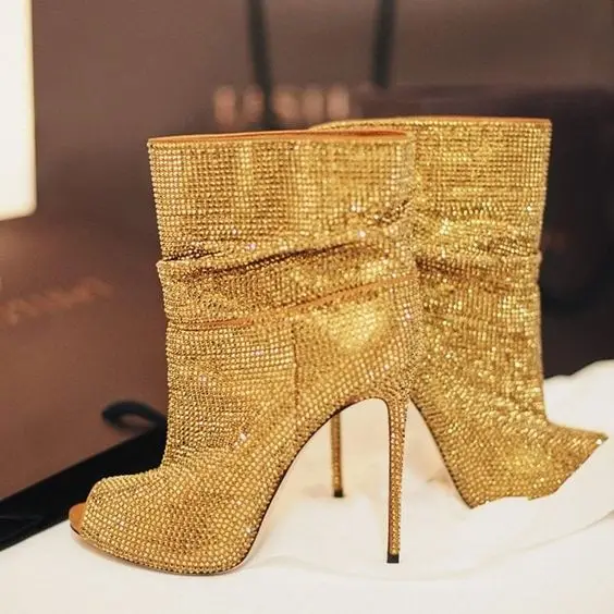 2022 New Golden Bling Bling Sequined Booties Open Toe Stiletto High Heels Peep Toe Glitter Dress Sexy Pumps Shining Ankle Boots