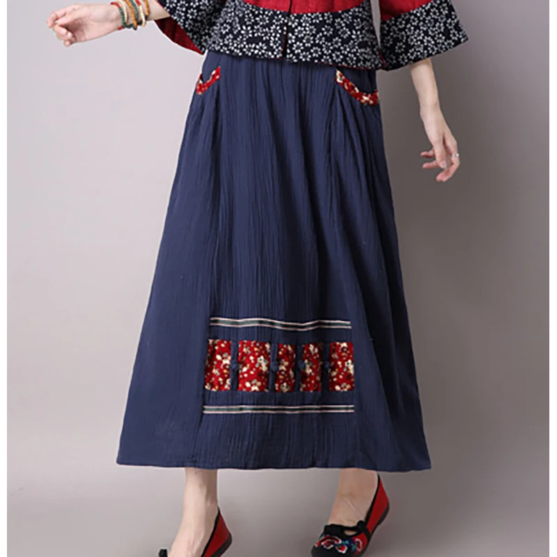 Navy Skirt(One Size) Китайское платье Чонсам с национальным цветочным принтом для женщин, юбка, вышивка, танга, Qipao, льняные элегантные платья с длинным рукавом - Цвет: Navy Skirt(One Size)