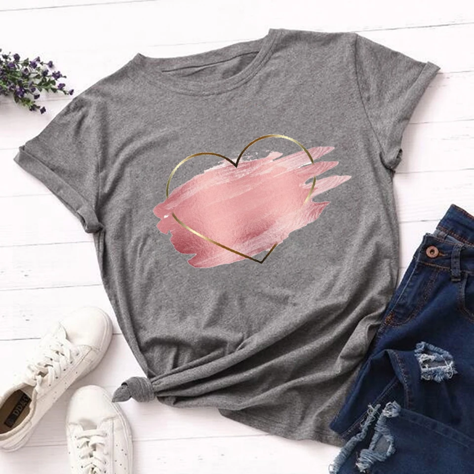 

Женская футболка с принтом сердечек и цветов, Повседневная Базовая белая рубашка с круглым вырезом, женская футболка с коротким рукавом, то...