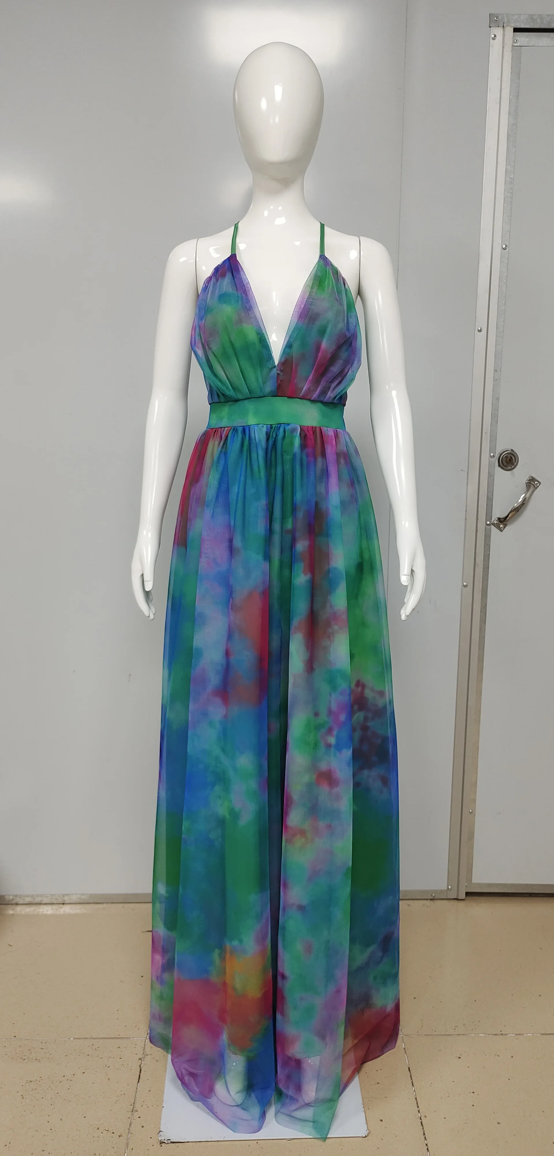 

Colorful Tie Dye Print Strap Maxi Long Dress Ladies Party Night Clubwear V-neck Backless Sheer Mesh Vintage Vestidos