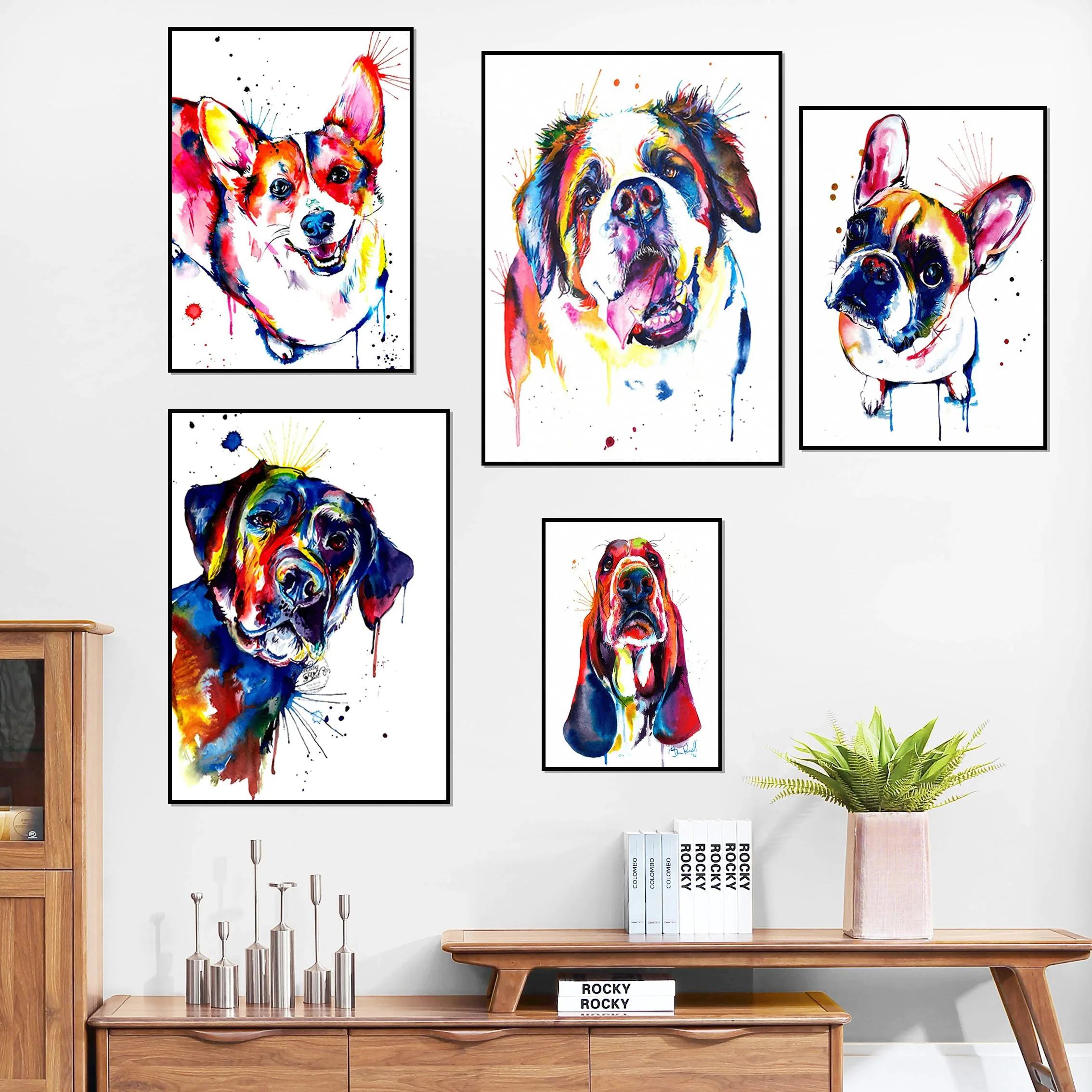 

Colorful Animal Dog Canvas Wall Art Abstract French Bulldog Labrador St Bernard Poster For Living Room HD Home Decoration