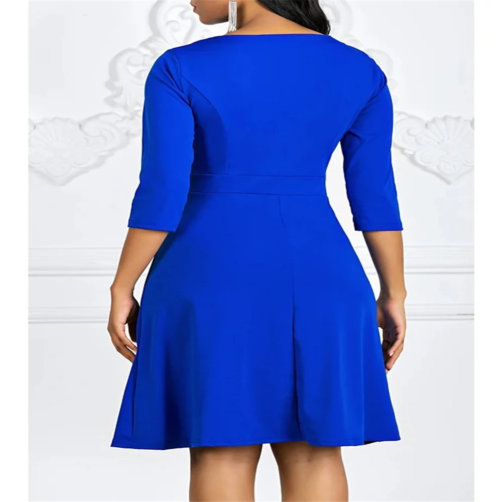 

2021 new large women's spring and autumn solid color dress round neck Quarter Sleeve Button Waist A-line skirt women dress