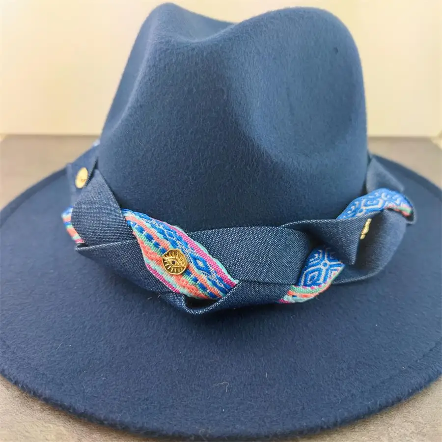 

Jean Band Metal Eye Fedora Hat Lady Winter Autumn Wide Brim Jazz Church Panama Sombrero Cap