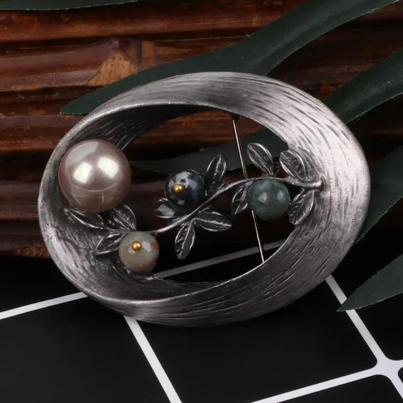 Винтажная Женская Брошь овальный жемчуг камень дерево булавки Шарм платье