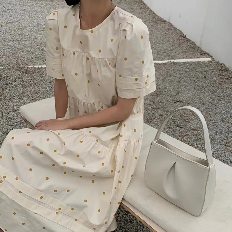 

GALCAUR Print Pullover Dress For Women O Neck Puff Short Sleeve High Waist Patchwork Ruched Mid Dresses Females Summer Clothing
