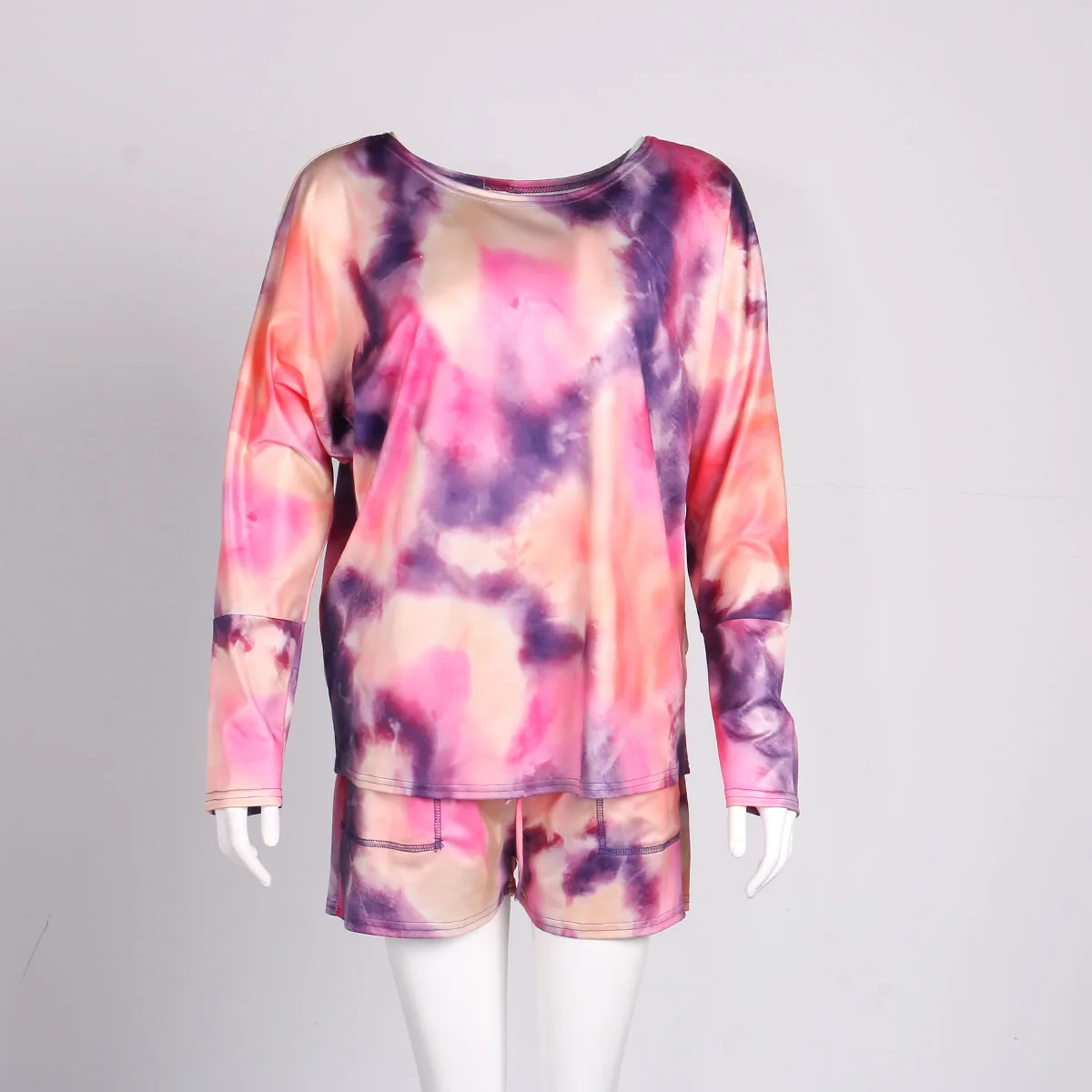 

Colorful Tie Dye 2Pieces Sets Women's Clothes Set O Neck Autumn Casual Long Sleeve Pullovers Lace Up Shorts with Pockets Outfits