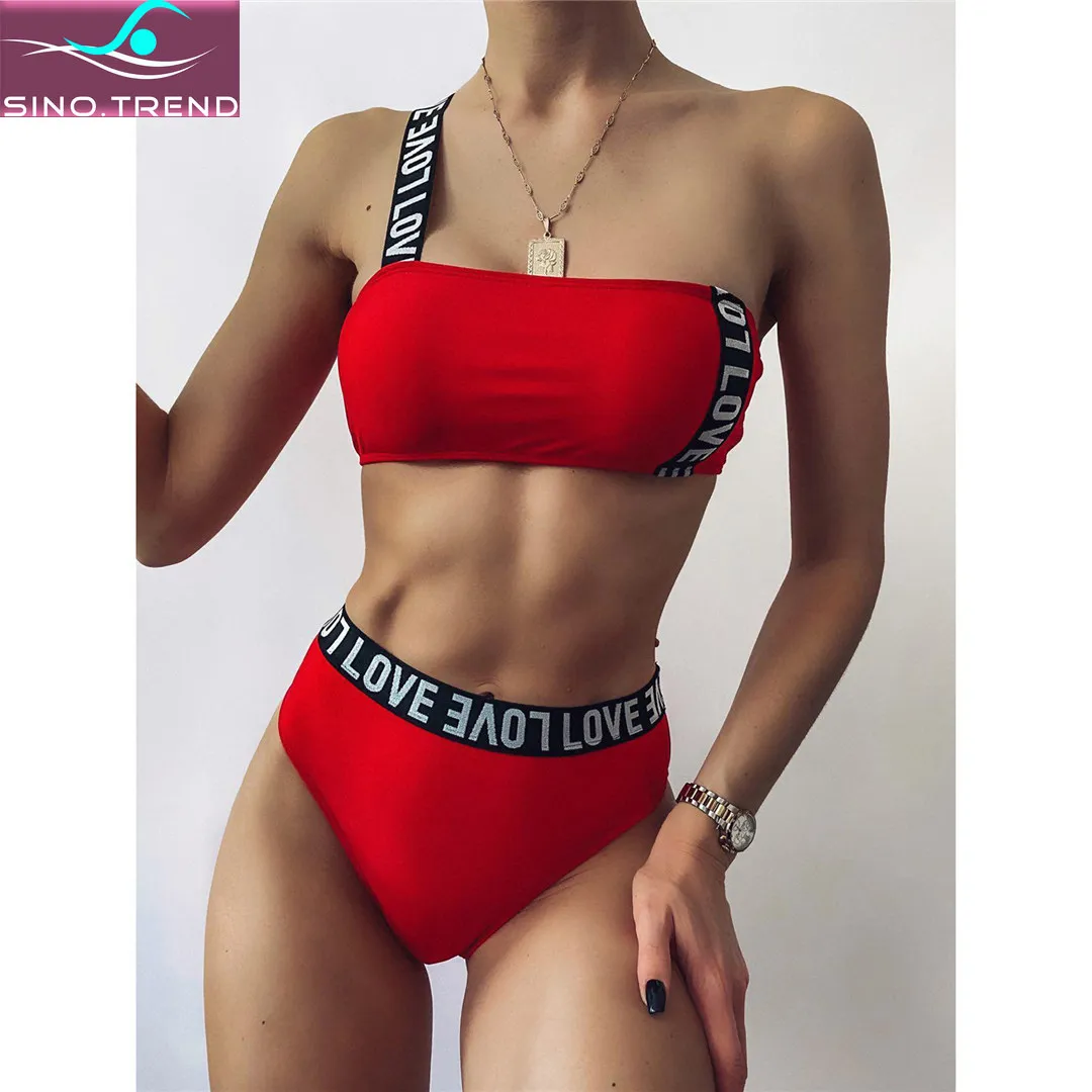 

SINO.TREND Letter Printed Female Swimsuit High Waist Bikini Set Women Bandeau Swimwear 2-pieces One Shoulder Bather Bathing Suit