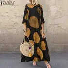 Женское хлопковое льняное платье с принтом, с круглым вырезом и рукавом 34