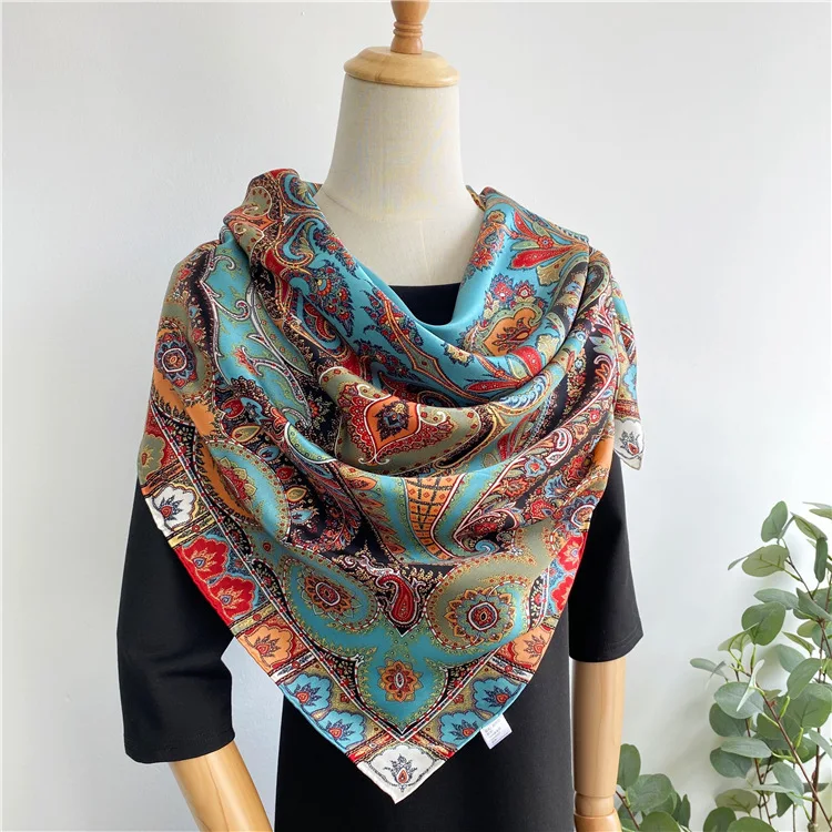 

2021 New Retro Style sapphire green cashew flower silk crepe satin 110cm printed mulberry silk square scarf women's shawl scarf