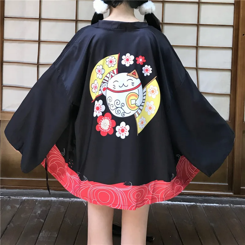 Черный белый Lucky Cat свободный женский кардиган Harajuku японское кимоно модные