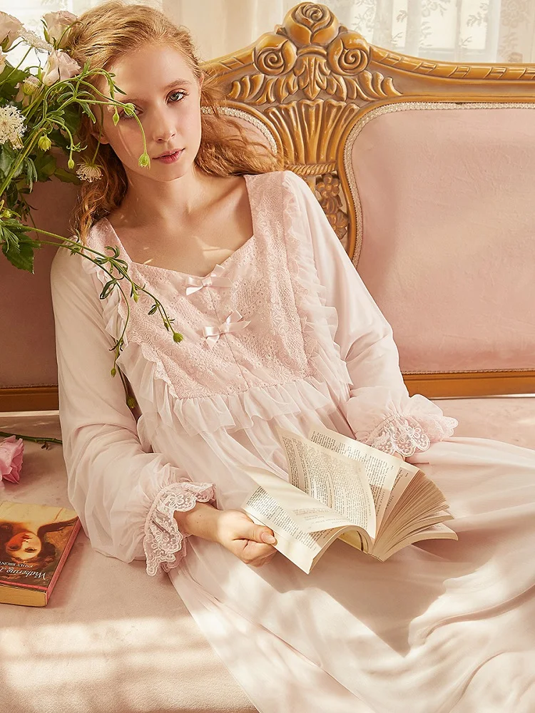 

Long Sleepwear Royal Loose Nighty Spring Autumn Vintage Elegant Women's Long Nightgowns Long Sleeve White Lace Princess