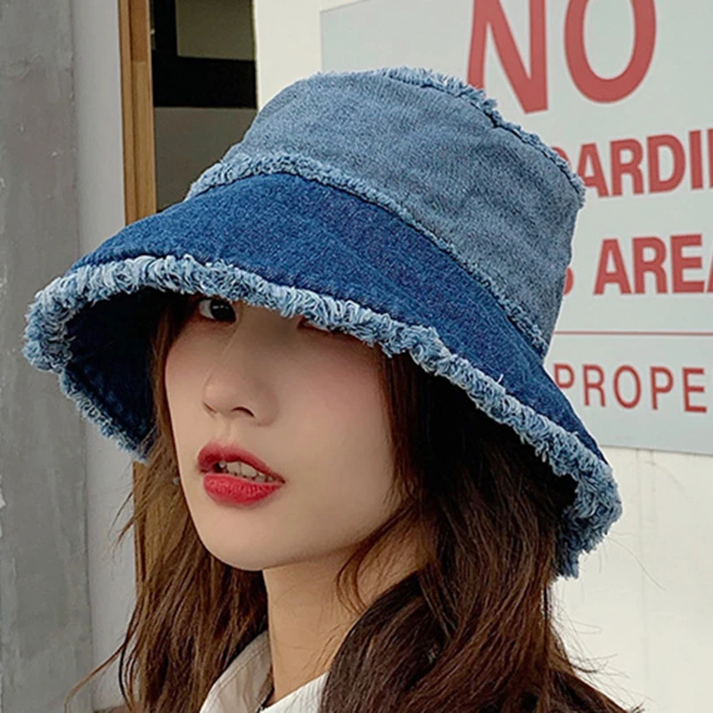 

Korean Style Washed Denim Bucket Hat Women Spring Summer Panama Fisherman Cap Flat Top Basin Hat Street Trend Hip Hop Sun Hats