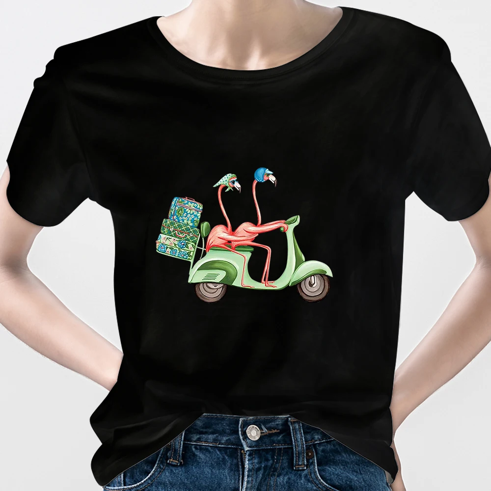 

Flamingo Riding An Electric Car Cute Women T Shirt Summer Black Top Oversize Hipster Y2K Harajuku Spain Ropa Tumblr Mujer Urban