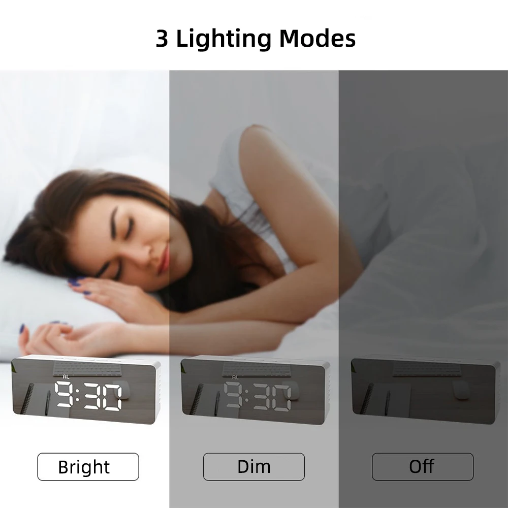 5 Fuctions Button Desk Clock Digital Mirror LED Display Alarm Temperature Calendar Snooze Function with USB 14x50x3.4cm A | Дом и сад