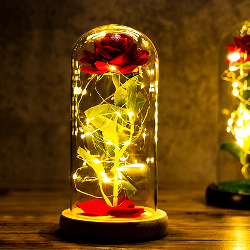 

Artificial Flowers Beauty and The Beast Rose In LED Glass Dome Forever Rose Gift To Girlfriend Valentines Day Wedding Decoration