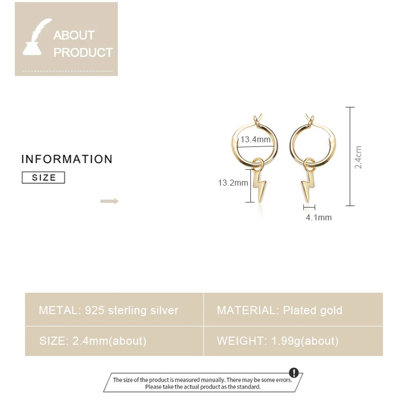 

925 Sterling Silver Drop Earrings for Women Lightning Pendant Earring Creative Female Gold Color Jewelry Fashion New Accessories