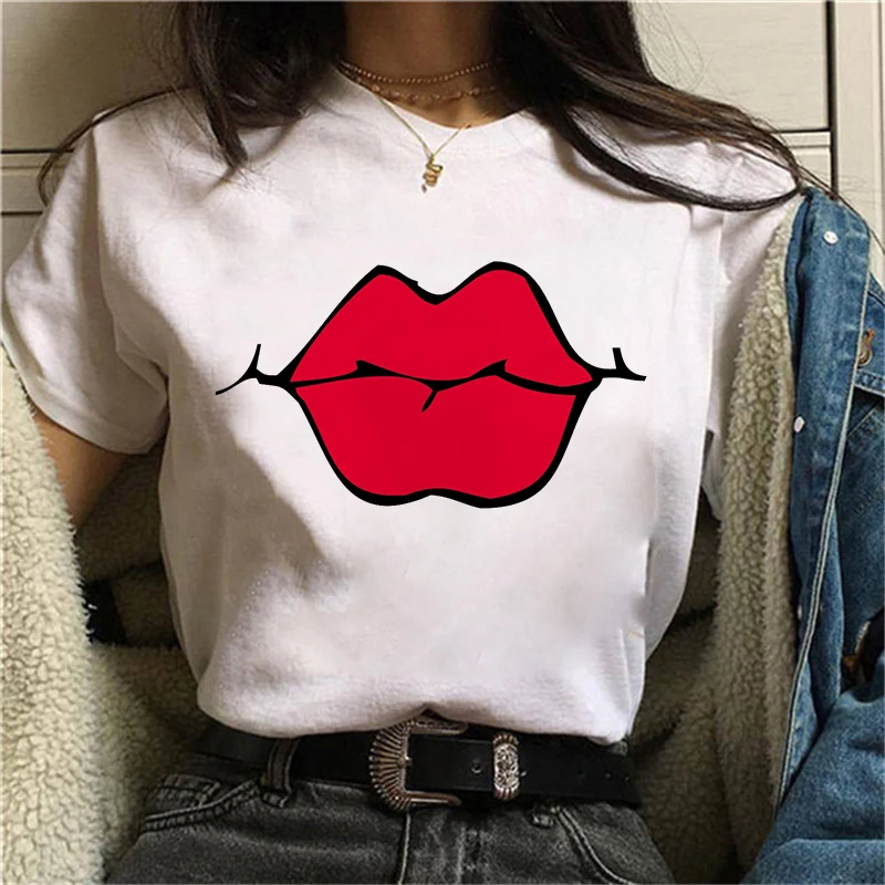 

Sexy Lips women t-shirt summer short sleeve Tshirt Women Kawaii Red lips Tumblr Harajuku Aesthetic white tshirt