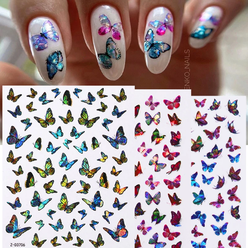 

Самоклеящиеся 3D наклейки для ногтей в виде бабочек, лазерные синие фиолетовые красочные наклейки для ногтей, Переводные слайдеры, переводн...
