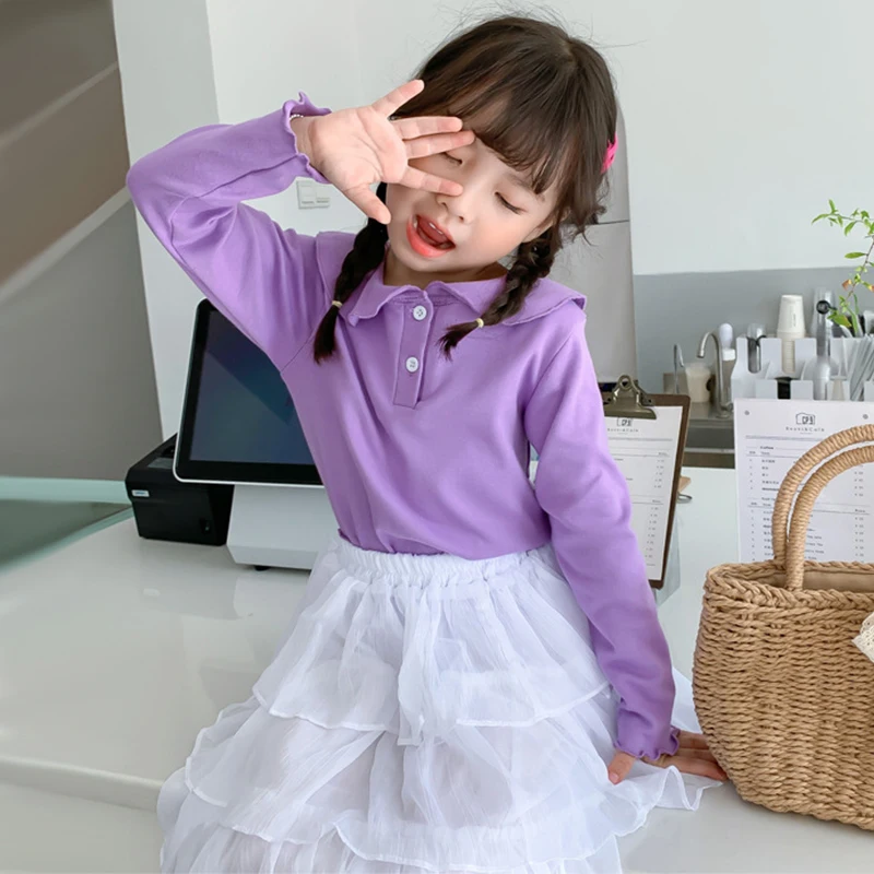 Детские топы хлопковая Футболка с кукольным воротником весна осень 2021 одежда для