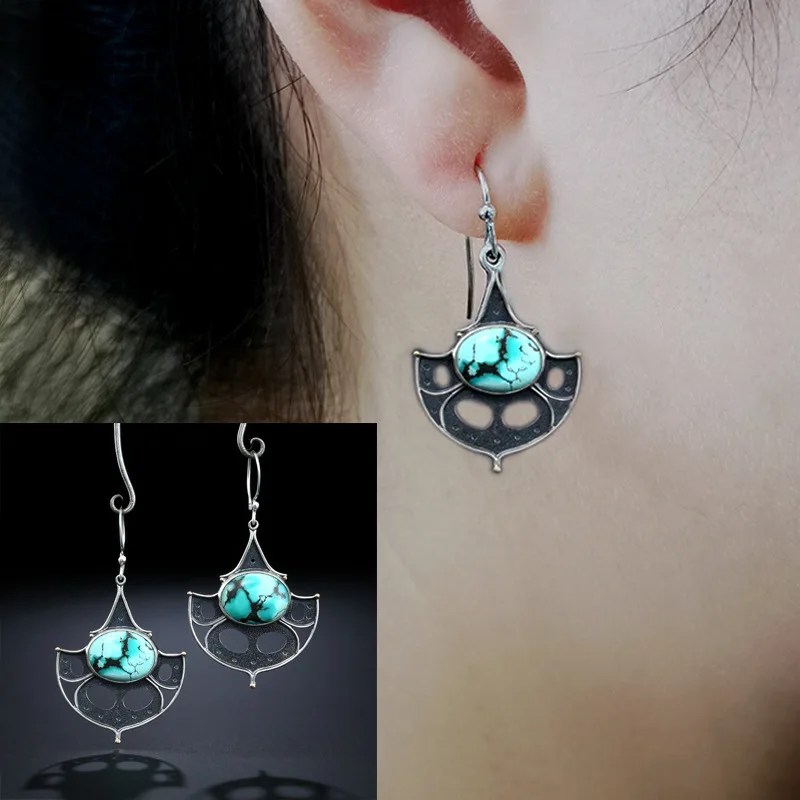 

Earrings For Women Wedding Party Boho Jewelry Retro S925 Silver Plated Turquoises Drop Earrings Bohemia Hallow Out Dangle