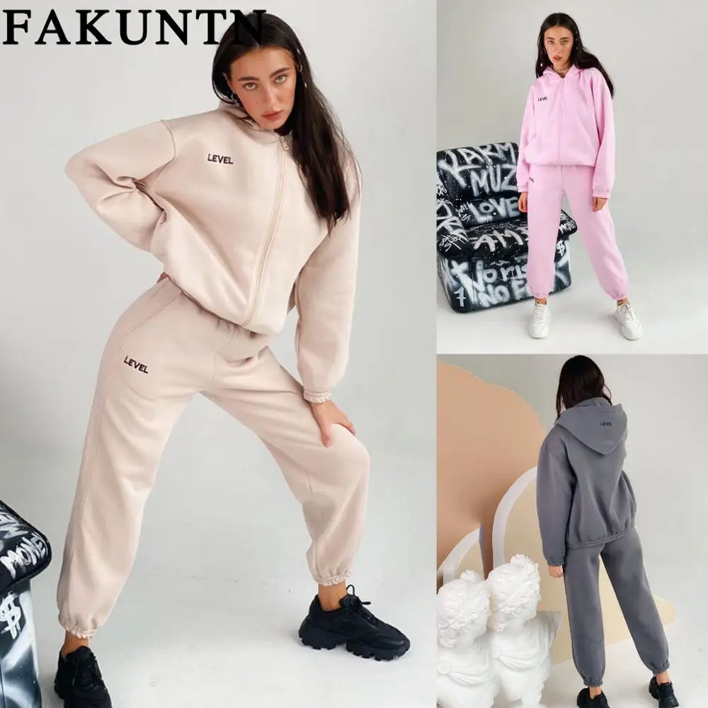 

Женский зимний костюм FAKUNTN 2021, спортивная одежда, женский спортивный костюм, одежда для отдыха, свитшот на молнии с капюшоном и брюки, компле...