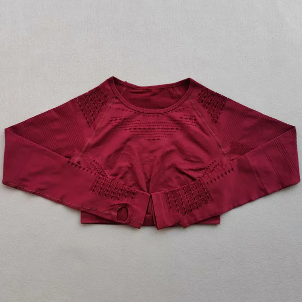 Red top Женский бесшовный Набор для йоги, одежда для тренировок, Топ с длинным рукавом для фитнеса+ леггинсы с высокой талией, леггинсы, 2 предмета, спортивные костюмы - Цвет: Red top