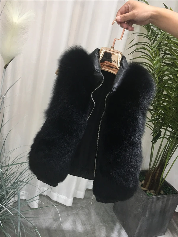 ZDFURS* натуральный Лисий мех жилет Стильный Зимний короткий толстый женский меховой жилет куртка пуховик натуральный мех жилет пальто тонкий однотонный - Цвет: black