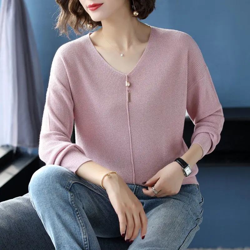Women Sweater Thin Knitted V-neck Fashion Jumpers Solid Color Beaded Fringed Long Sleeve Pullovers Sweaters Female 2021 Spring | Женская