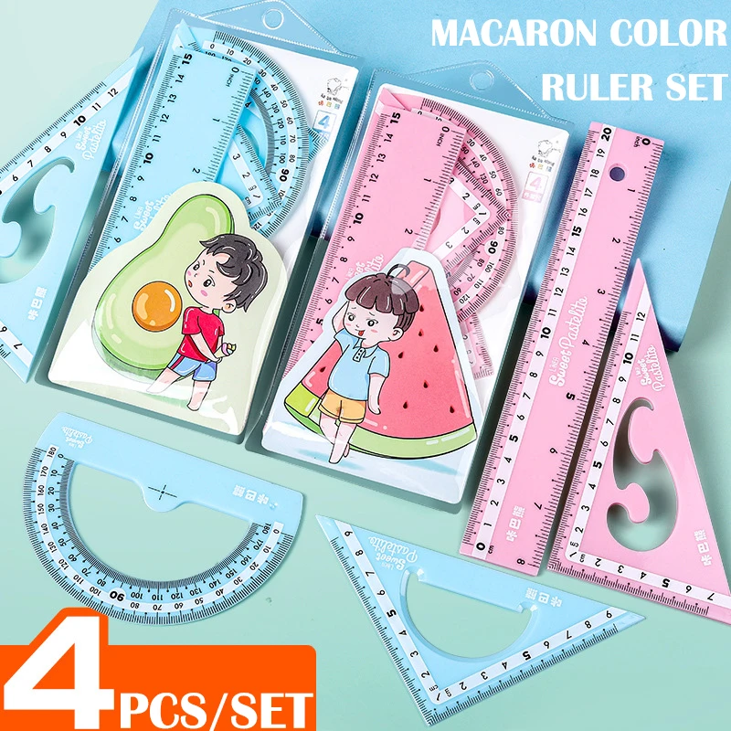 

4Pcs/lot 15cm/20cm Macarons Geometry Ruler Set Protractor Mathematical Compasses for School Stationery Plastic Straight Rulers