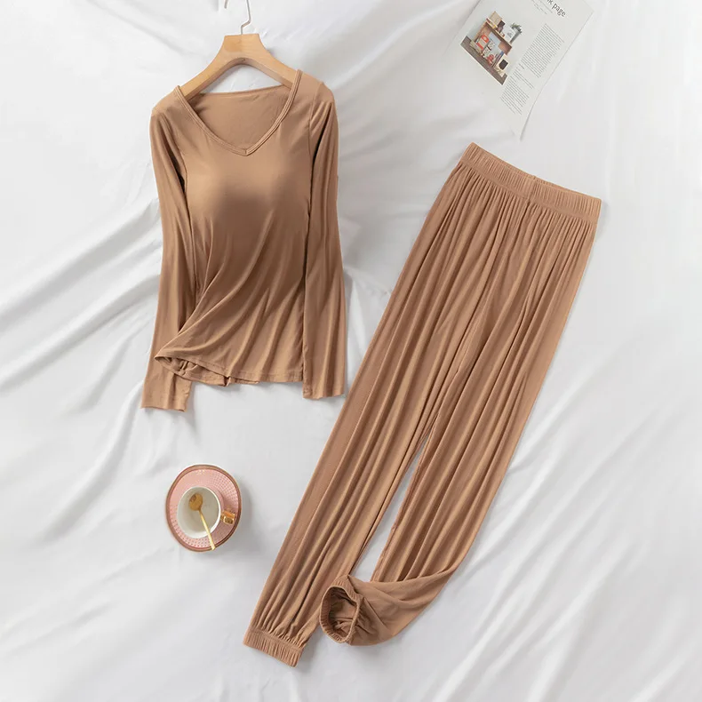 Modal Pajamas Women's Summer Housewear Set with Bra Cushion Casual Solid Color Nightwear Long Sleeve Trousers Sleepwear Lingerie