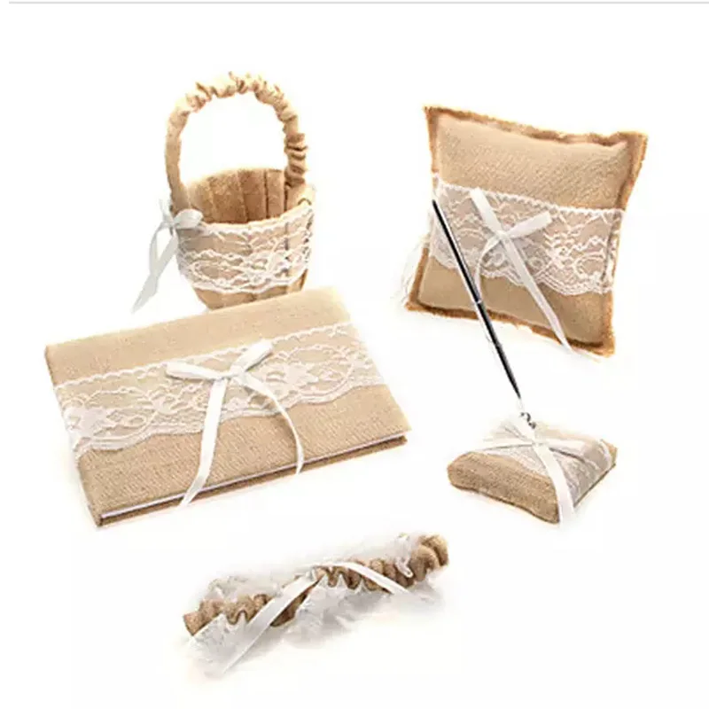 

5Pcs/set linen lace wedding supplies Sets Ring Pillow + Girls Flower Basket +Guest Book +Sign Pen +Garter bride accessories