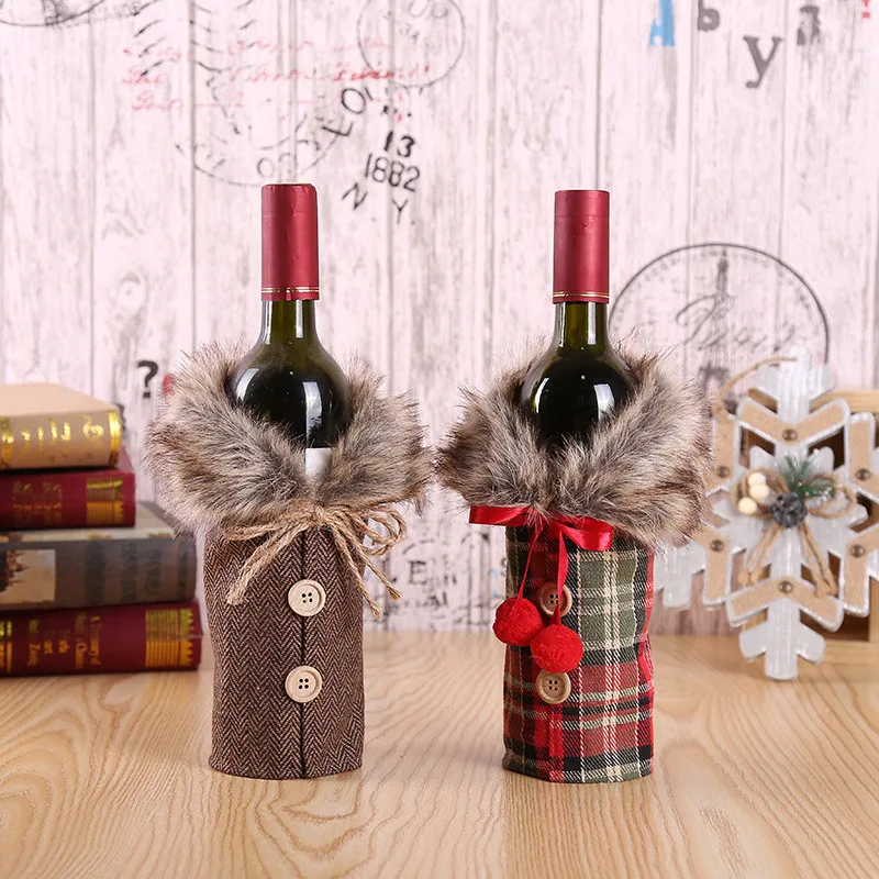 Рождественские украшения для дома красная клетчатая ткань серый льняной винный набор чехол для винной бутылки новогодние подарки 2022 рожде...