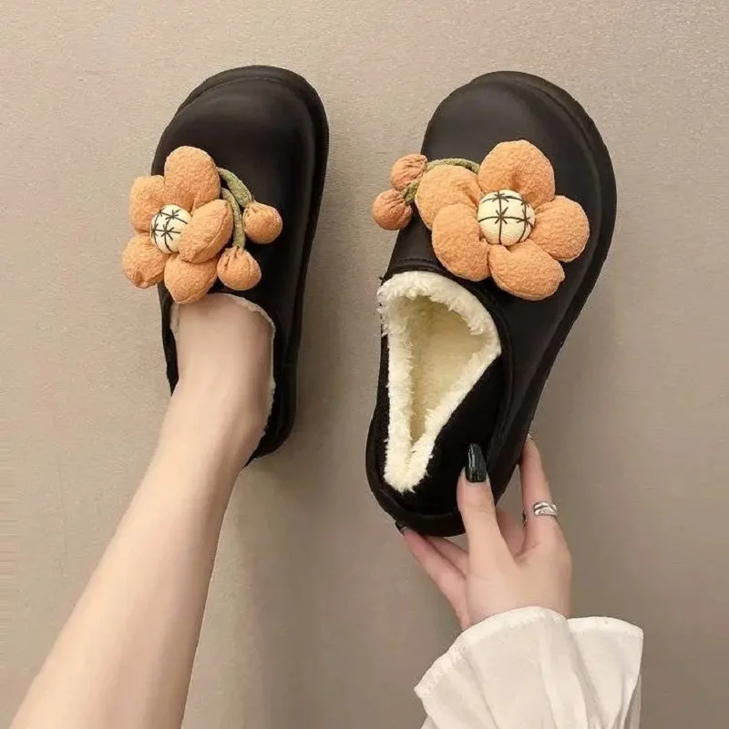 

Flower Deco Plush Home Shoes Women Loafers Winter With Fur Women'S Moccasins Winter Warm Slipper Shoes Woman Girl Furry Loafers