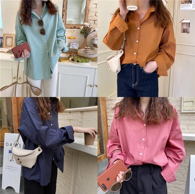 

Korean Casual Solid Loose Shirts Blouses Women Long Sleeve Single-breasted Turn-down Collar Basic Simple Fashion Tops Blusas
