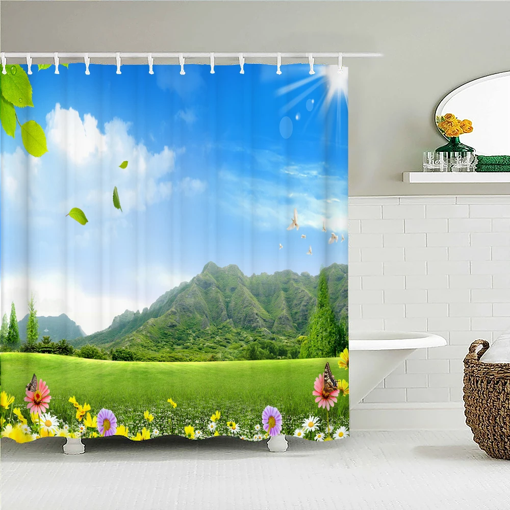 

Sunny landscape Shower Curtain with Hooks Waterproof Fabric Blue Sky and White Clouds Nature Scenery Decor Bathroom Curtains
