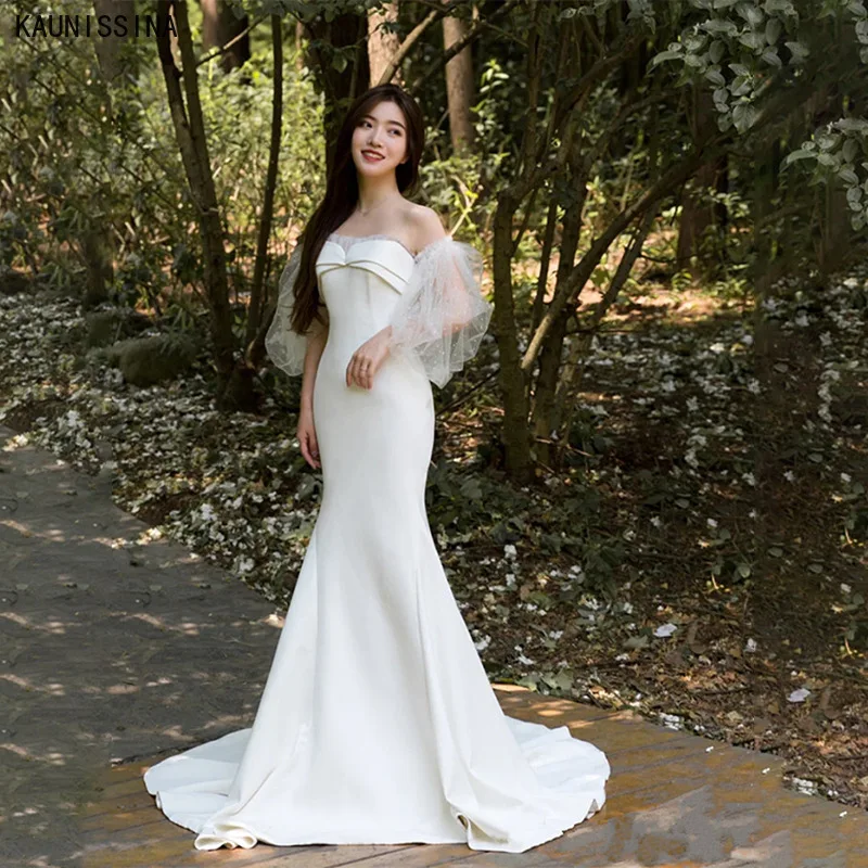 

KAUNISSINA Mermaid Floor Length Bridal Gown With Court Train Ruched Off the Shoulder White Eleglant Wedding Dress Custom Size