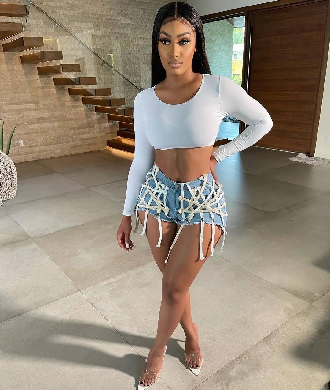 

Mid Waist Jeans for Women's Strappy Wash Denim Shorts Casual Streetwear Plus Size Blue Black Straight Leg Pants Fashion Clothing