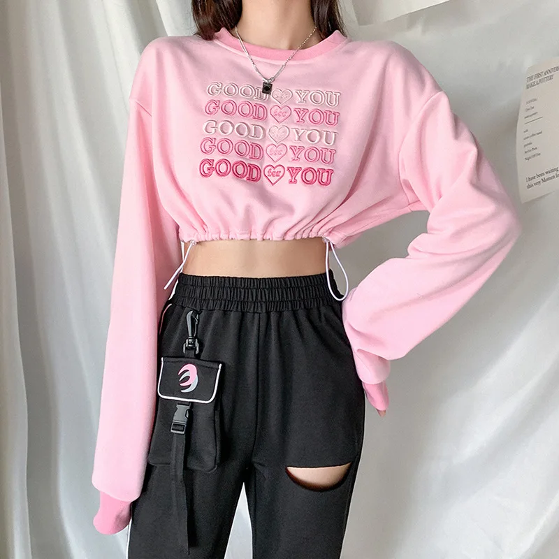 

Female Fall Stylish All-Match Drawstring Crop Top for Ladies 2021 Women Fashion Long Sleeve Sweet Pink Letter Embroidery Tops