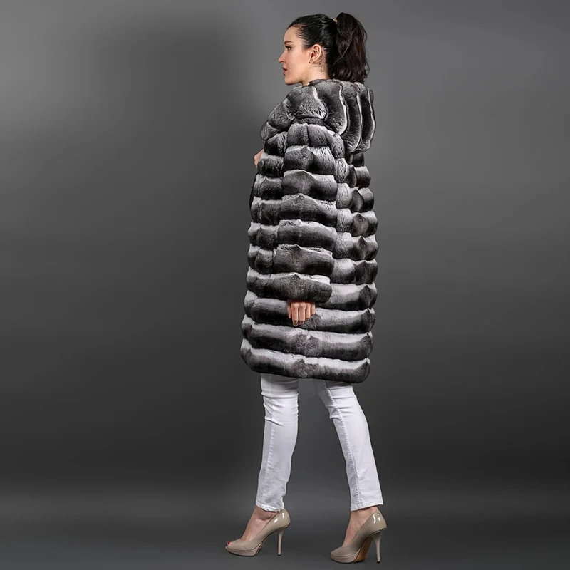 FURSARCAR 2021 Hot Sale Natural Rex Rabbit Fur Coat Elegant Female Real Fur Coat Thick Warm Winter  Long Wrap Clothes With Hat